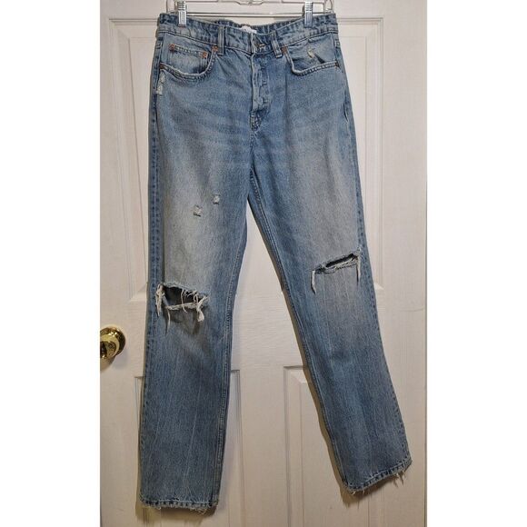 Zara Denim - Zara Light Acid Wash Distressed High Rise Straight Leg Jeans Button Fly Size 8